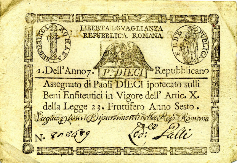 CARTAMONETA - STATO PONTIFICIO - Repubblica Romana Assegnati (1798) - 10 Paoli A...