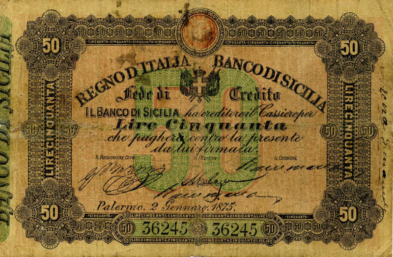 CARTAMONETA - SICILIA - Banco di Sicilia - Fedi di Credito - 50 Lire 02/01/1875 ...