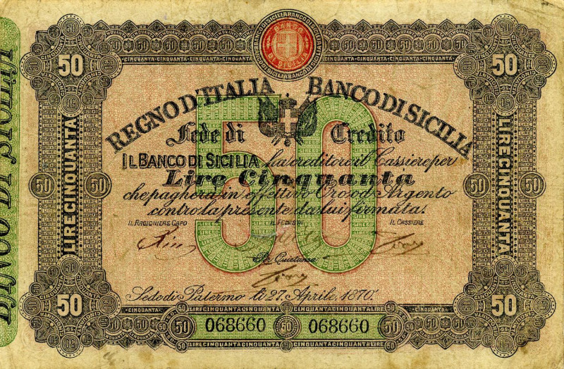 CARTAMONETA - SICILIA - Banco di Sicilia - Fedi di Credito - 50 Lire 27/04/1870 ...