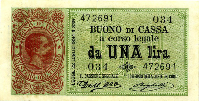 CARTAMONETA - BUONI DI CASSA - Umberto I (1878-1900) - Lira 02/08/1894 - Serie 3...