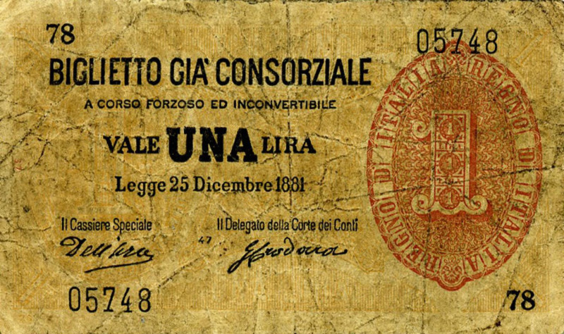 CARTAMONETA - CONSORZIALI - Biglietti già Consorziali - Lira 25/12/1881 Gav. 10 ...