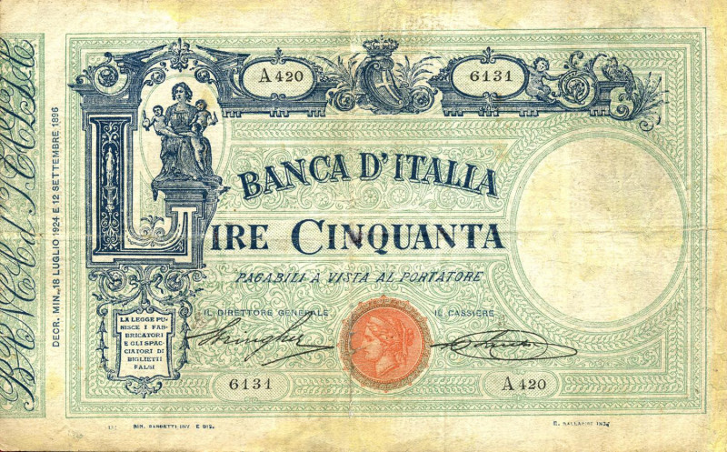 CARTAMONETA - BANCA d'ITALIA - Vittorio Emanuele III (1900-1943) - 50 Lire - Bar...