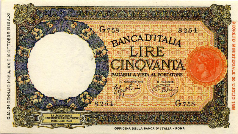 CARTAMONETA - BANCA d'ITALIA - Vittorio Emanuele III (1900-1943) - 50 Lire - Lup...