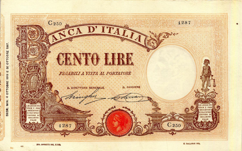 CARTAMONETA - BANCA d'ITALIA - Vittorio Emanuele III (1900-1943) - 100 Lire - Ba...