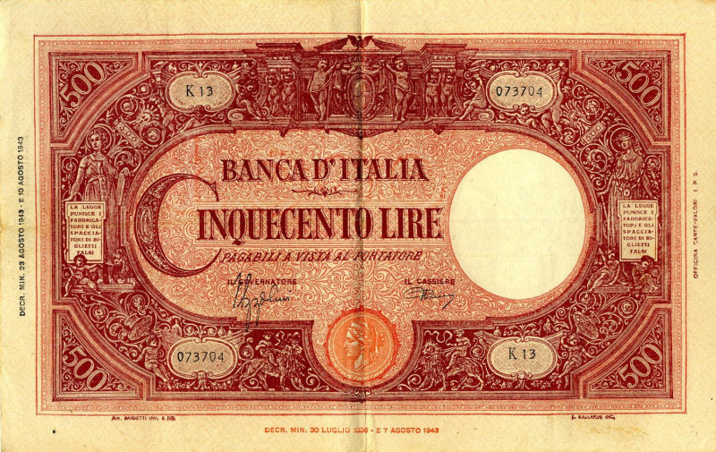 CARTAMONETA - BANCA d'ITALIA - Vittorio Emanuele III (1900-1943) - 500 Lire - Ba...