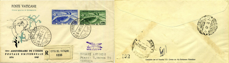 AREA ITALIANA - VATICANO - Posta Aerea 1949 - FDC Venetia Raccomandata UPU Venet...