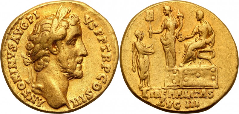 Rome, Antoninus Pius 138-161 r. Aureus 140/141 
Aw.: Głowa cesarza w wieńcu lau...
