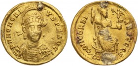 Rome, Honoriusz (393-423) AV – solidus 
Aw.: DN HONORIVS PF AVGRw.: CONCORDIA AVGMoneta z załatanym otworem. Czytelny egzemplarz.
Waga/Weight: 4.15 ...