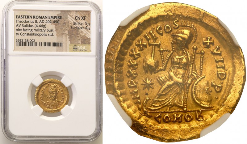 Rome, Teodozjusz II (408-450). Solidus, Constantinople NGC Ch XF 
Aw.: Popiersi...