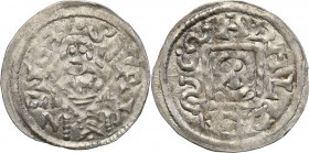 Boleslaw lV Kedzierzawy (1146-1173). Denar (1146-1157) 
Aw.: Książę z mieczem na kolanach siedzący na tronie na wprost, wstecznie BOLEZLAVRw.: Głowa ...