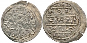 Boleslaw lV Kedzierzawy (1146-1173). Denar (1146-1166) 
Aw.: Książę z mieczem na kolanach siedzący na tronie na wprost, wstecznie BOLEZLAVRw.: Głowa ...