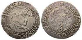 Sigismund I the Old. Szostak (6 groszy (groschen) 1535, Danzig 
Aw.: Głowa króla w prawo, w koronie i zbroi. Po bokach D - VI. W otoku: SIGISMVN P RE...