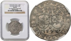 Sigismund II August. Livonia, half mark 1573, Dahlholm NGC AU50 (2 MAX) 
Aw.: Dwie tarcze z Orłem i Pogonią, u góry nominał HALF MARCK, u dołu data 1...