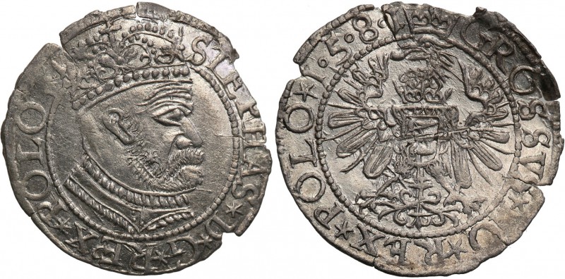 Stephan Batory. Grosz 1581, Olkusz (R8) 
Aw.: Duża głowa króla w prawo. W otoku...