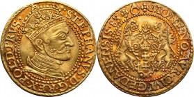 Stephan Batory. Ducat (Dukaten) 1583, Danzig 
Aw.: Popiersie króla w prawo, w koronie i zbroi. W otoku: STEPHANVS D G REX POL D PRVSRw.: Dwa lwy podt...