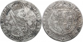 Sigismund III Vasa. Taler (thaler) 1627, Bydgoszcz 
Aw.: Półpostać króla w prawo, w koronie i zbroi, z mieczem opartym o ramię i jabłkiem królewskim ...