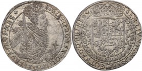 Sigismund III Vasa. Taler (thaler) 1628, Bydgoszcz 
Aw.: Popiersie w prawo, bez herbu Półkozic, miecz przy koronie.W otoku: SIGIS III D G REX POLO MD...