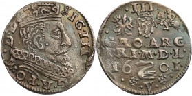 Sigismund III Vasa. Trojak (3 grosze) 1601, Vilnius 
Aw.: Głowa króla w prawo, w koronie, zbroi i w krezie. W otoku: SIG III D – G R PO M D LRw.: Orz...
