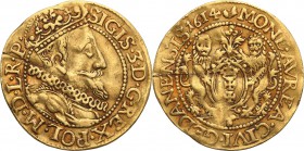 Sigismund III Vasa Ducat (Dukaten) 1614, Danzig 
Aw.: Popiersie w koronie i zbroi okrytej płaszczem związanym węzłem na ramieniu. W otoku: SIGIS 3 D ...