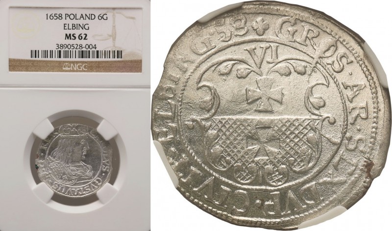 John II Casimir. Szostak 6 groszy (groschen) 1658, Elbing NGC MS62 (2MAX) 
Aw.:...
