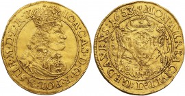 John II Casimir. Ducat (Dukaten) 1653/1, Danzig 
Aw.: Popiersie króla w prawo, w koronie i zbroi okrytej płaszczem. Na piersi Order Złotego Runa.W ot...