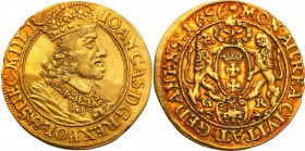 John II Casimir. Ducat (Dukaten) 1656, Danzig 
Aw.: Popiersie w koronie i w zbroi. Na piersi Order Złotego Runa. W otoku: IOAN CAS D G REX POL &amp; ...
