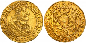 John II Casimir. Ducat (Dukaten) 1657, Danzig 
Aw.: Popiersie króla w koronie i zbroi okrytej płaszczem, z Orderem Złotego Runa.W otoku: IOAN CAS D G...