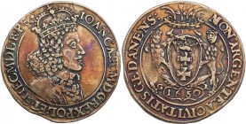 John II Casimir. Taler (thaler) 1650, Danzig 
Aw.: Popiersie króla w koronie i w pancerzu, z wyłożonym wysokim kołnierzem ozdobionym koronkami, na pi...