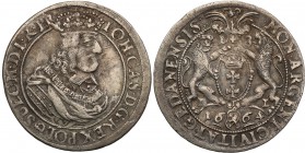 John II Casimir. Ort (18 groszy) (groschen) 1664, Danzig 
Aw.: Popiersie króla w koronie i w zbroi okrytej płaszczem. Na piersi Order Złotego Runa.W ...