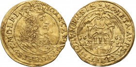 John II Casimir. Ducat (Dukaten) 1661, Torun 
Aw.: Popiersie króla w prawo, w koronie i w zbroi okrytej płaszczem. Na piersi Order Złotego Runa.W oto...