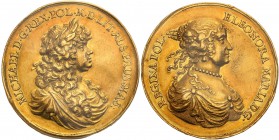 Michael Korybut Winiowiecki. Medal wedding weight 8 Ducat (Dukaten) 1670, Jan Höhn 
Aw.: Popiersie króla w prawo, w wieńcu i rzymskim płaszczu.W otok...