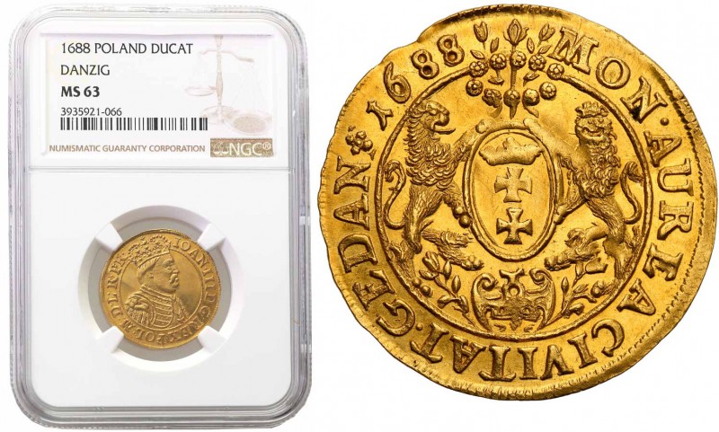John III Sobieski. Ducat (Dukaten) 1688, Danzig NGC MS63 (MAX) 
Aw.: Popiersie ...