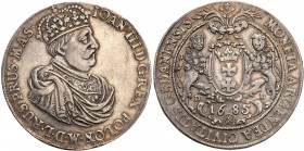 John III Sobieski. Taler (thaler) 1685, Danzig 
Aw.: Popiersie króla w prawo, w koronie, zbroi i płaszczu rzymskim związanym na ramieniu. W otoku: IO...