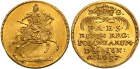 Augustus II the Strong. Ducat (Dukaten) coronation 1697, Dresden 
Aw.: U góry korona królewska, po bokach D G, poniżej związane dwie gałązki palmowe,...