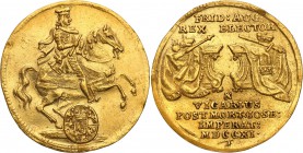 Augustus II the Strong. Ducat (Dukaten) wikariacki 1711, Dresden 
Aw.: Insygnia królewskie i elektorskie z lewej oraz wikariackie z prawej, napis w s...