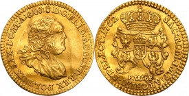 Augustus III the Sas. Ducat (Dukaten) 1762, Dresden 
Aw.: Popiersie w peruce i płaszczu spiętym broszą na ramieniu. W otoku: D G FRID AUGUST REX POL ...