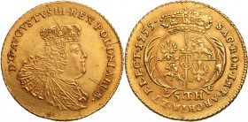 Augustus III the Sas. 5 Taler (thaler) in gold (August d'or) efraimek 1755, Leipzig 
Aw.: Popiersie króla w prawo, w koronie i zbroi okrytej płaszcze...