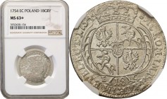 Augustus III the Sas. Ort (18 groszy) (groschen) 1754, Leipzig NGC MS63+ 
Aw.: Popiersie króla w prawo, w koronie i zbroi okrytej płaszczem z broszą ...