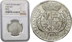Augustus III the Sas. Ort (18 groszy) (groschen) 1755, Leipzig NGC MS61 
Duże popiersie króla w szerokiej koronie i broszą spinającą płaszcz bez pere...