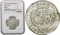 Augustus III the Sas. Ort (18 groszy) (groschen) 1756, Leipzig NGC MS61 
Odmiana z małym, szerokim popiersiem króla.Znakomicie wybity i zachowany egz...