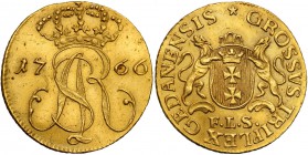 Stanislaus Augustus Poniatowski. Trojak (3 grosze) in GOLD 1766, Danzig 
Aw.: Monogram SAR. Po bokach data 17-66Rw.: Dwa lwy podtrzymują kartusz z he...