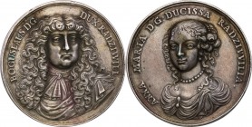 John III Sobieski. Bogusław Radziwiłł medal in memory of wedding, 1665, SILVER 
Aw.: Popiersie Bogusława Radziwiłła na wprost, w peruce i zbroi. W ot...