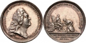 Medal 1733 Tribute to the newly elected king and elector August III, aut. Haesling 
Aw.: Popiersie króla w prawo. Pod popiersiem: HAESLING F. W otoku...