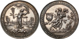 Medal 1644 Danzig, Peace negotiations, Sebastian Dadler 
Aw.: Postacie alegoryczne Wojny i Pokoju w zwarciu. Sygnatura SD i data 1644.W otoku: AMBIGU...