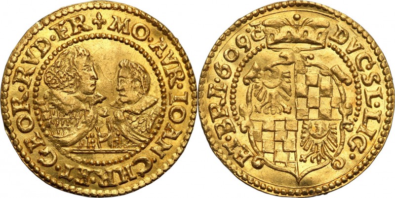Silesia. Kingdom Legnicko-Brzeskie. Ducat (Dukaten) 1609, zloty Stok 
Aw.: Dwa ...
