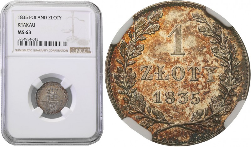 Free City of Krakow (Cracow). 1 zloty 1835, Krakow (Cracow) NGC MS63 
Aw.: Herb...