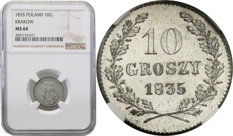 Free City of Krakow (Cracow). 10 groszy (groschen) 1835, Krakow (Cracow) NGC MS6...