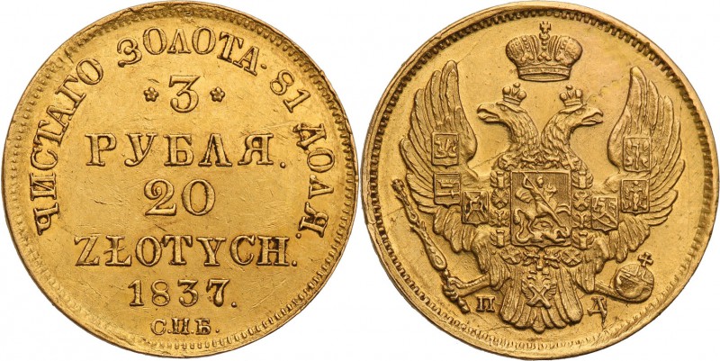 Poland XIX / Russia. Nicholas I. 3 Rubel (Rouble) = 20 zlotych 1837 ПД, Petersbu...