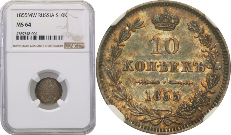 Poland XIX / Russia. 10 Kopek (kopeck) 1855, Warsaw NGC MS64 (MAX) 
Aw.: Dwugło...