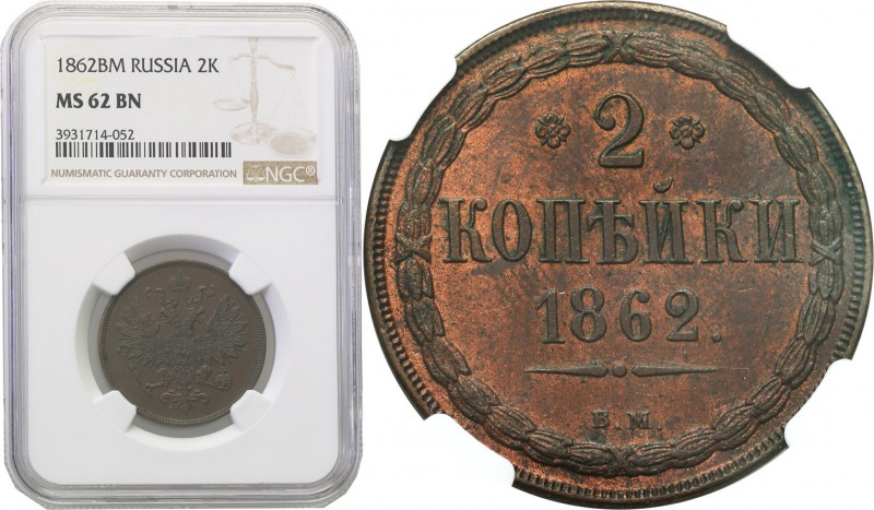 Poland XIX / Russia. 2 Kopek (kopeck) 1862 BM, Warsaw NGC MS62 BN (MAX) 
Aw.: D...